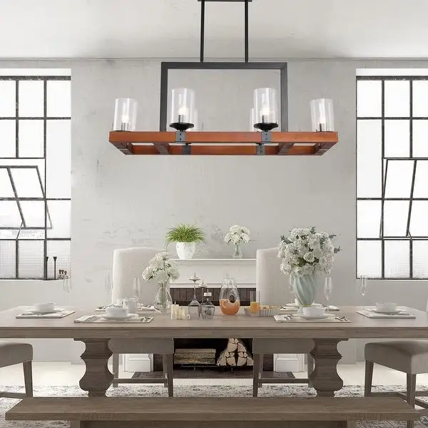 Retro Square Wooden Chandelier Glass Lamp 6 Bulb