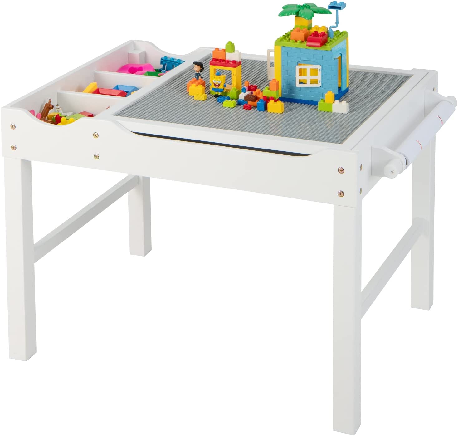 Costzon Kids Table, 3 in 1 Wood Building Block Desk w/Storage, Paper Roll