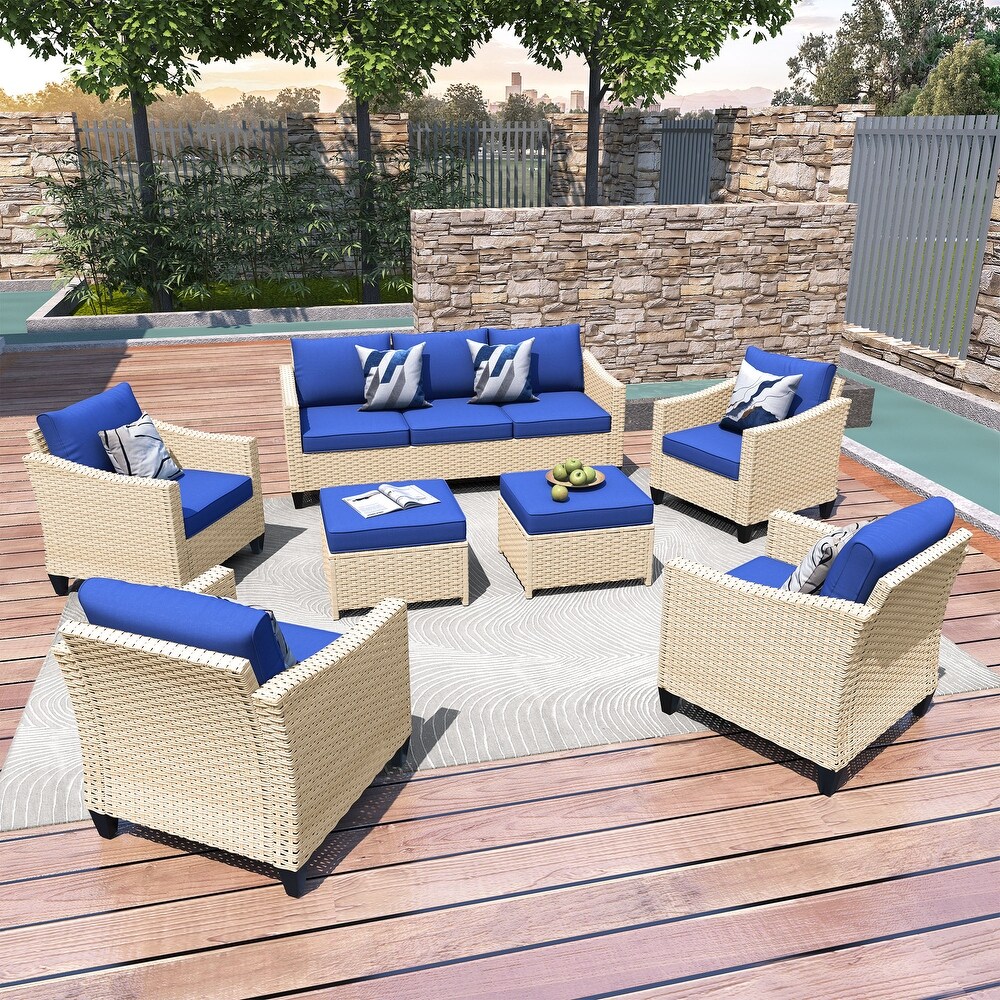 HOOOWOOO Outdoor Patio Furniture 7 piece Rattan Curved Backrest Seating Set