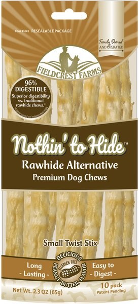 Fieldcrest Farms Nothin' To Hide Rawhide Alternative Premium Dog Chews Small Twist Stix Peanut Butter Flavor Natural Chew Dog Treats， 10 count