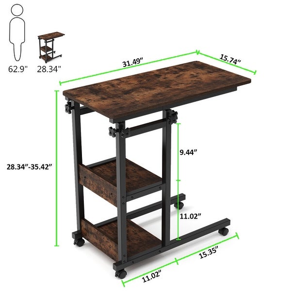 Height Adjustable C Table， Sofa Side Tables， Mobile End Table with Storage Shelves