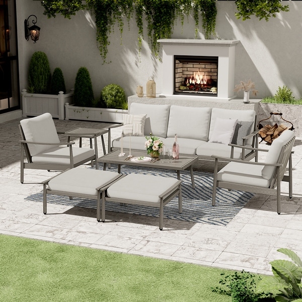 7Piece Aluminum Patio Conversation Set，3Seat Outdoor Couch with Ottomans and Coffee Table