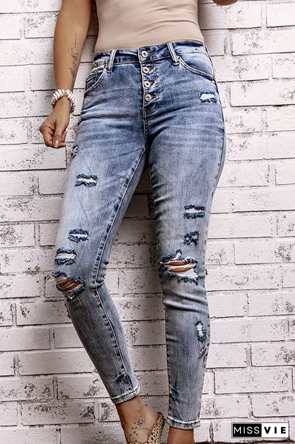 High Waist Denim Ripped Pants