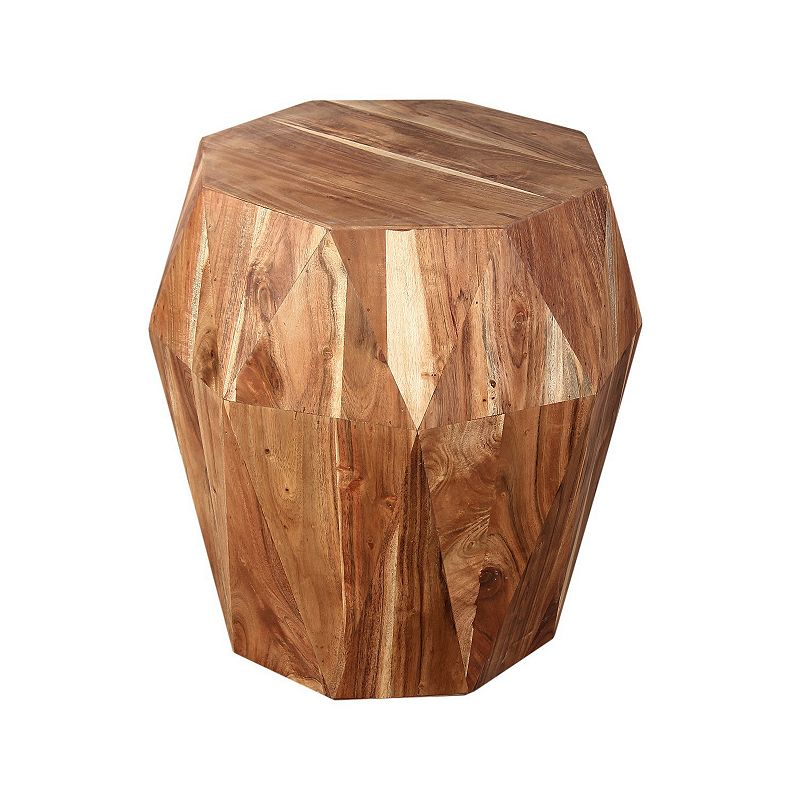 Bon 22 Inch Artisanal End Side Table， Multifaceted Solid Acacia Wood， Octagon Top， Natural Brown