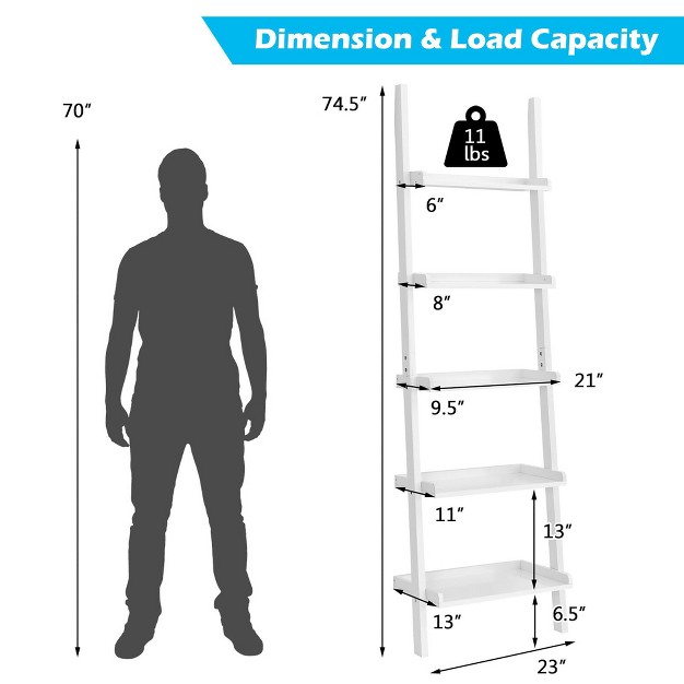 Costway Versatile White 5 tier Bookshelf Leaning Wall Shelf Ladder Bookcase Storage Display Furni