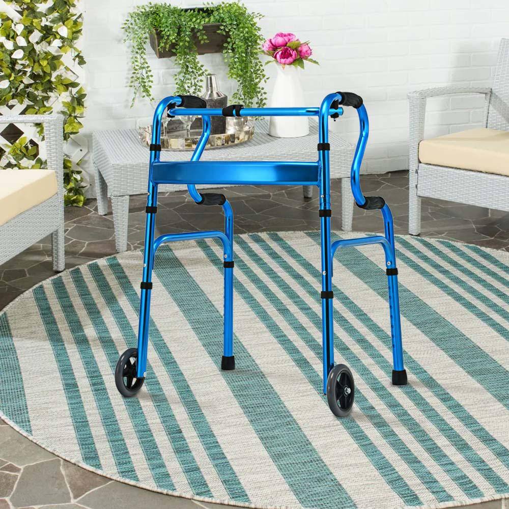 WELLFOR Folding Aluminum Wheeled Stand-Assist Walker in Blue SP-HPY-0602BL