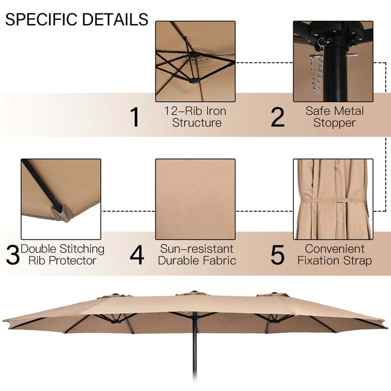 15FT Double-Sided Twin Patio Umbrella with Base & Crank System, Extra-Large Cantilever Market Umbrella