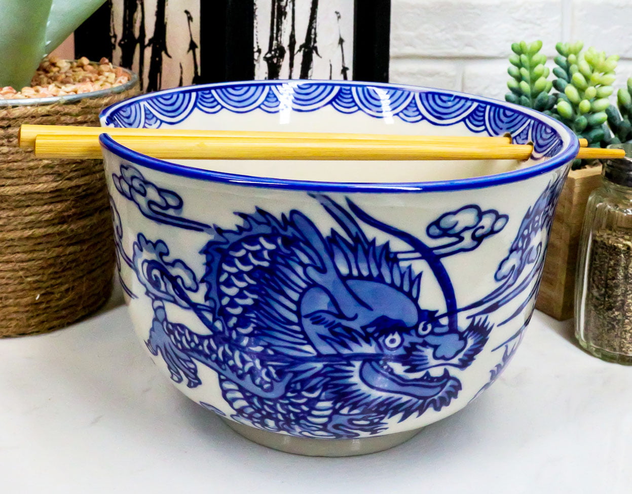 Ebros Ming Dragon Ramen Soup Bowl With Built In Chopsticks Rest and Chopstick