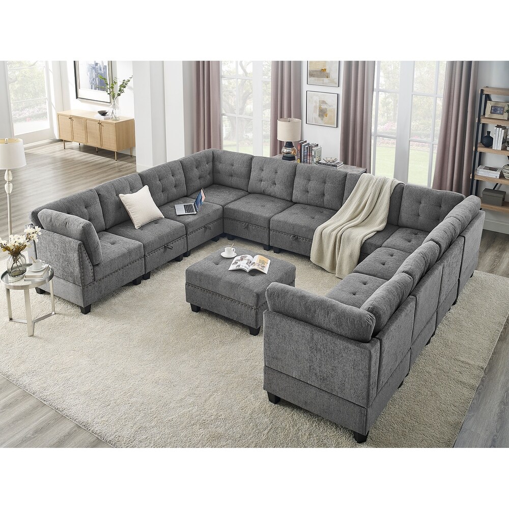 Chenille Upholstered Sectional Sofa Set 4 Corner Chaise Couch Set with Hidden Storage Ottoman for Living Room