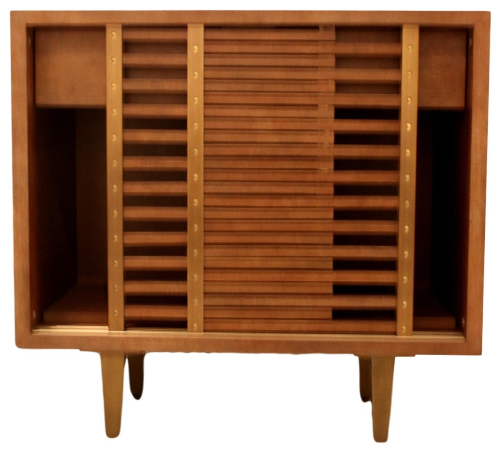 MidCentury Slat Front Sliding Door Accent Chest Modern Table Wood Vintage Style   Midcentury   Accent Chests And Cabinets   by My Swanky Home  Houzz