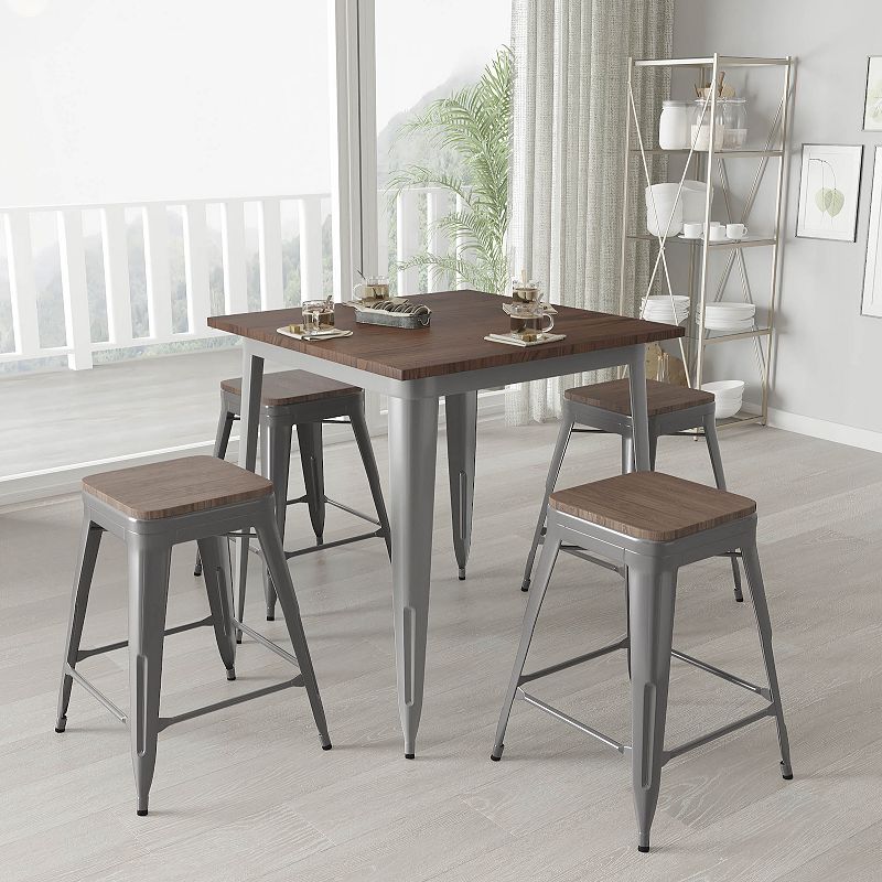 Merrick Lane Set of 4 Hamburg 24 Inch Tall Clear Coated Metal Bar Counter Stool With Textured Elm Wood Seat