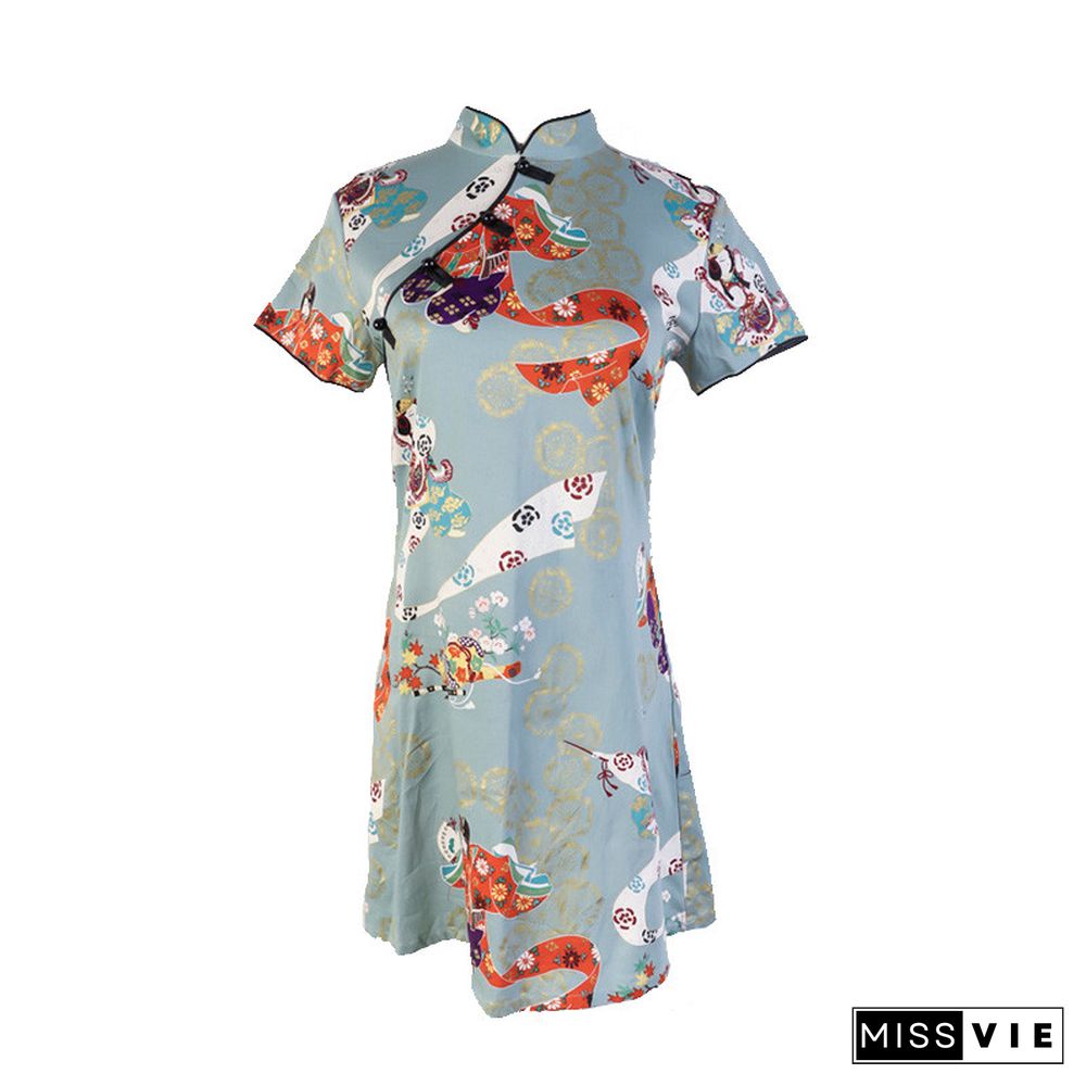 Buckle Vintage Print Cheongsam Dress