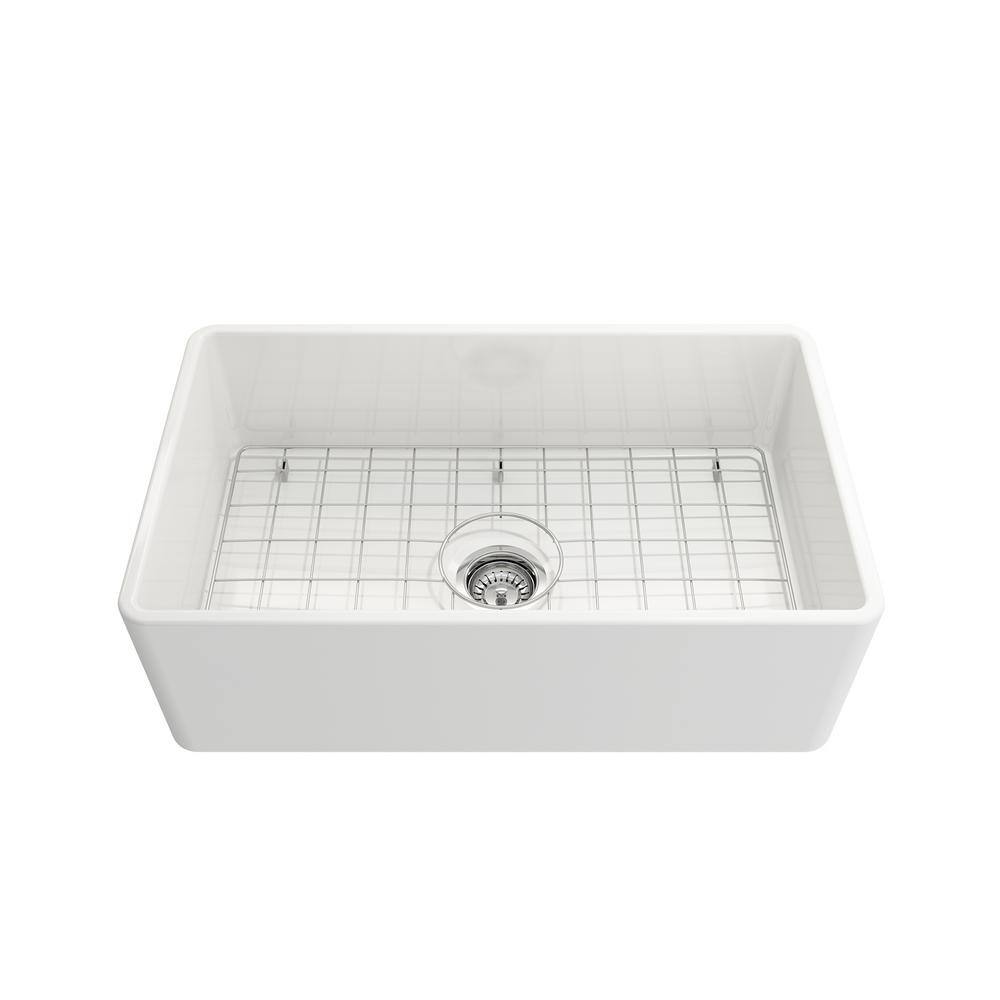 Glacier Bay Farmhouse Apron-Front Fireclay 30 in. Single Bowl Kitchen Sink in White with Bottom Grid 3ABRB-38-001