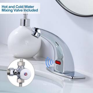 WOWOW Battery-Powered Commercial Touchless Single Hole Bathroom Faucet with Deck Plate in Polished Chrome 2322201C-AMUS