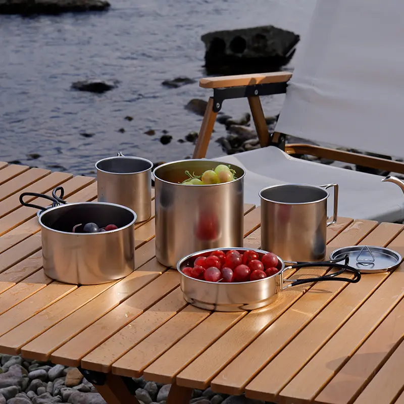 New Arrival 7 Pcs 304 Stainless Steel Camping Cookware Set Multi person Soup Pot Set Outdoor Cooking Pot Set For Hiking