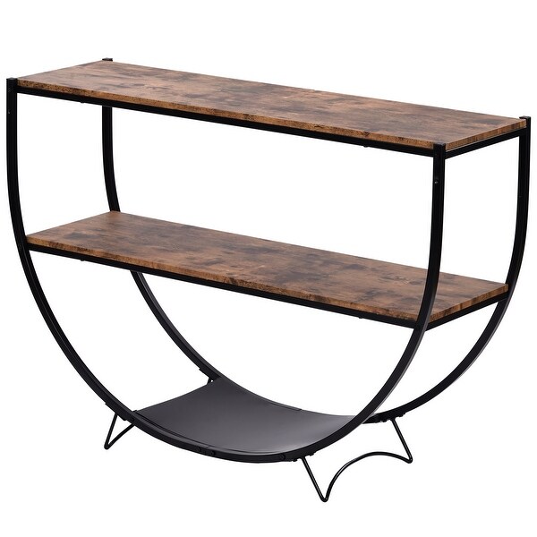 Demilune Shape Textured Metal Distressed Wood Console Table