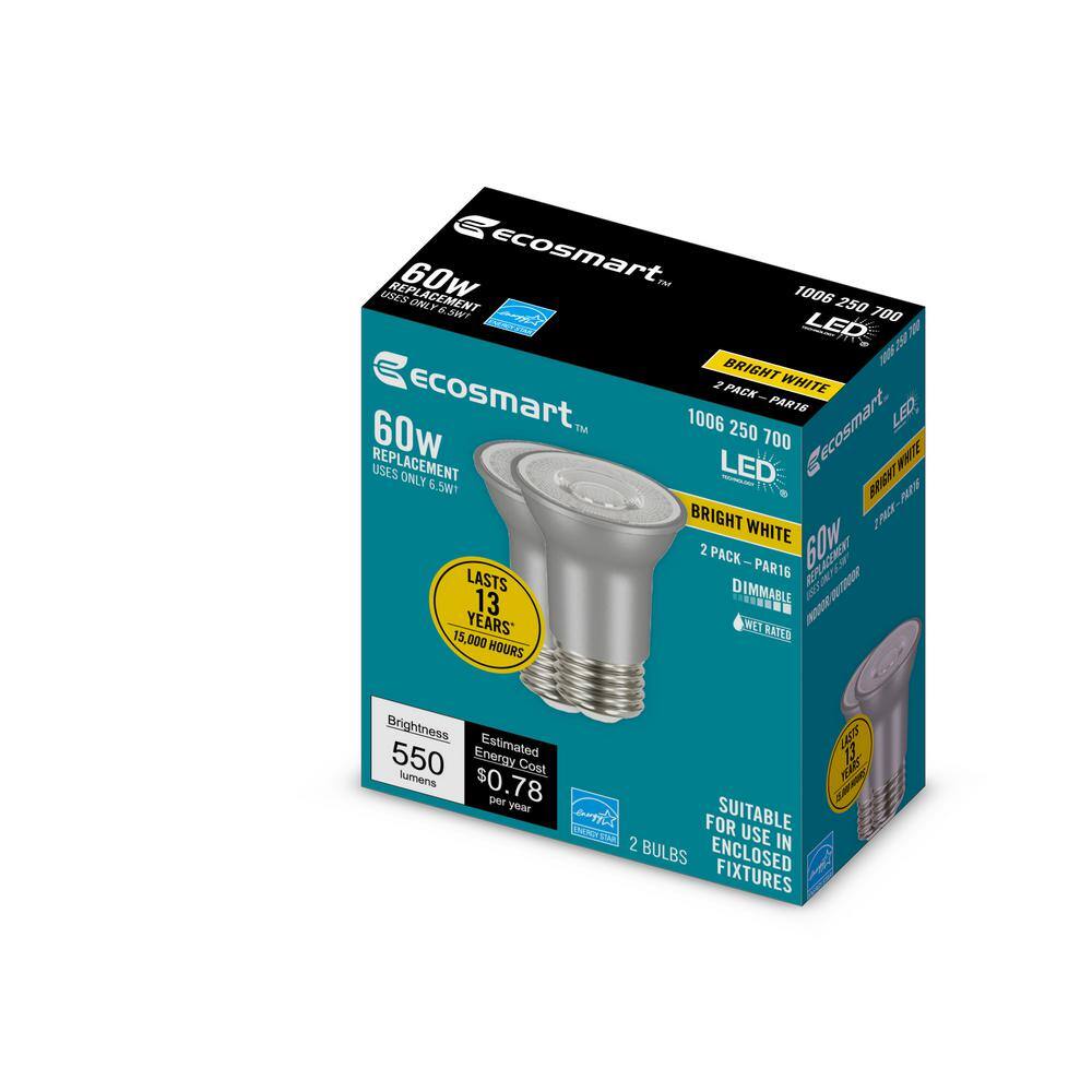 EcoSmart 60-Watt Equivalent PAR16 Dimmable Flood LED Light Bulb Bright White (2-Pack) A20PR1660WESD32