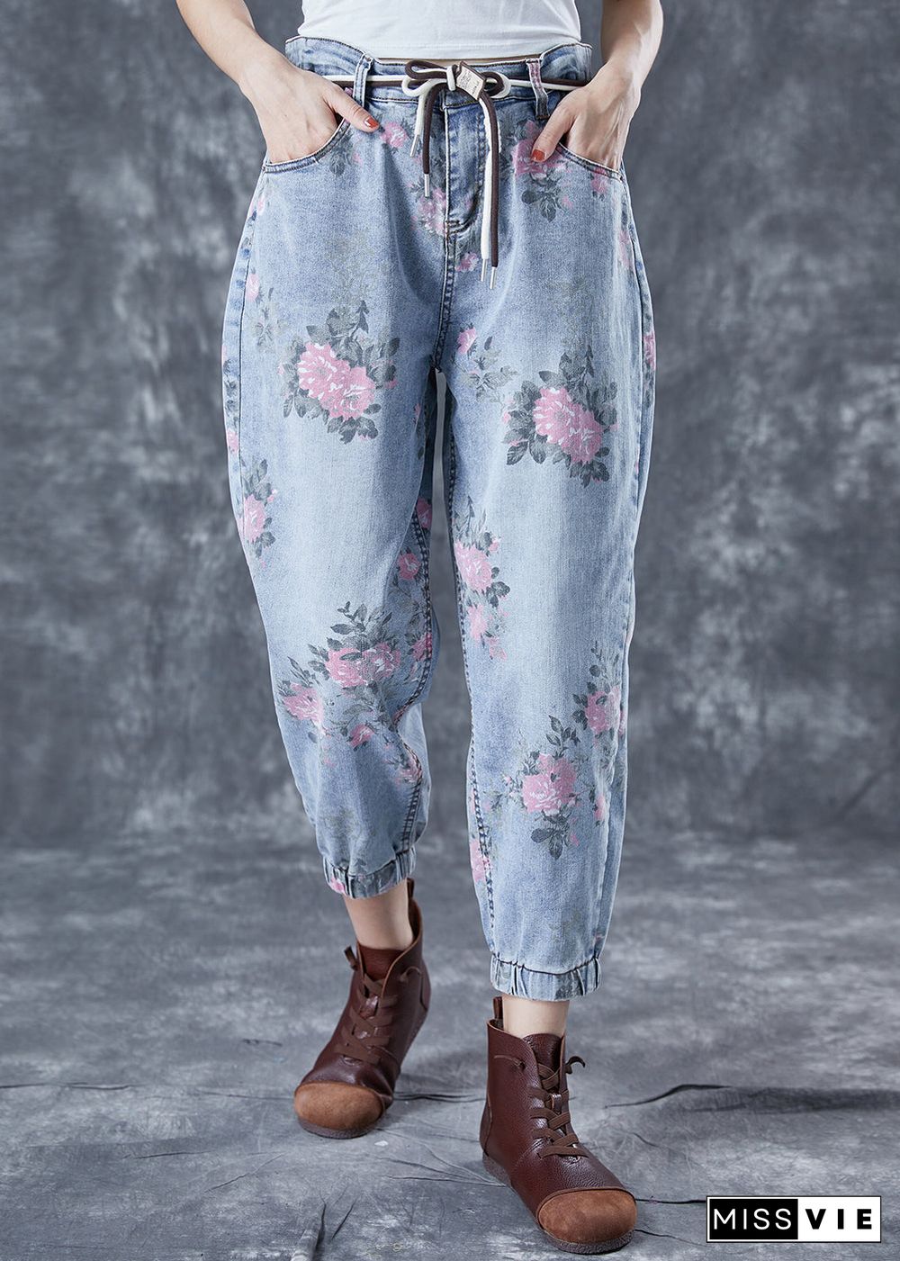 Women Light Blue Elastic Waist Print Denim Harem Pants Summer