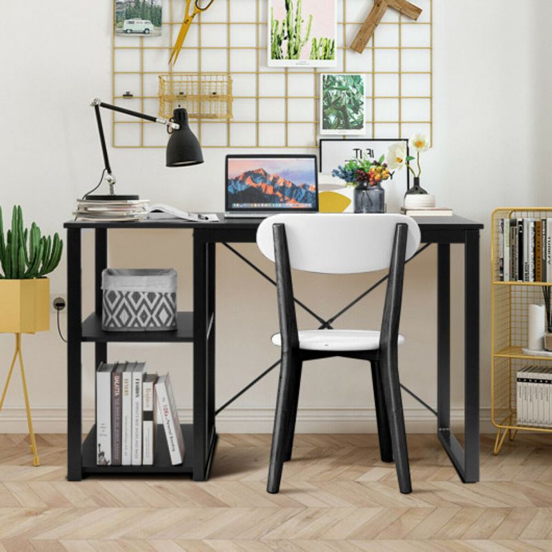 Computer Desk with Wicker Top and 2 Storage Shelves-Black Desk