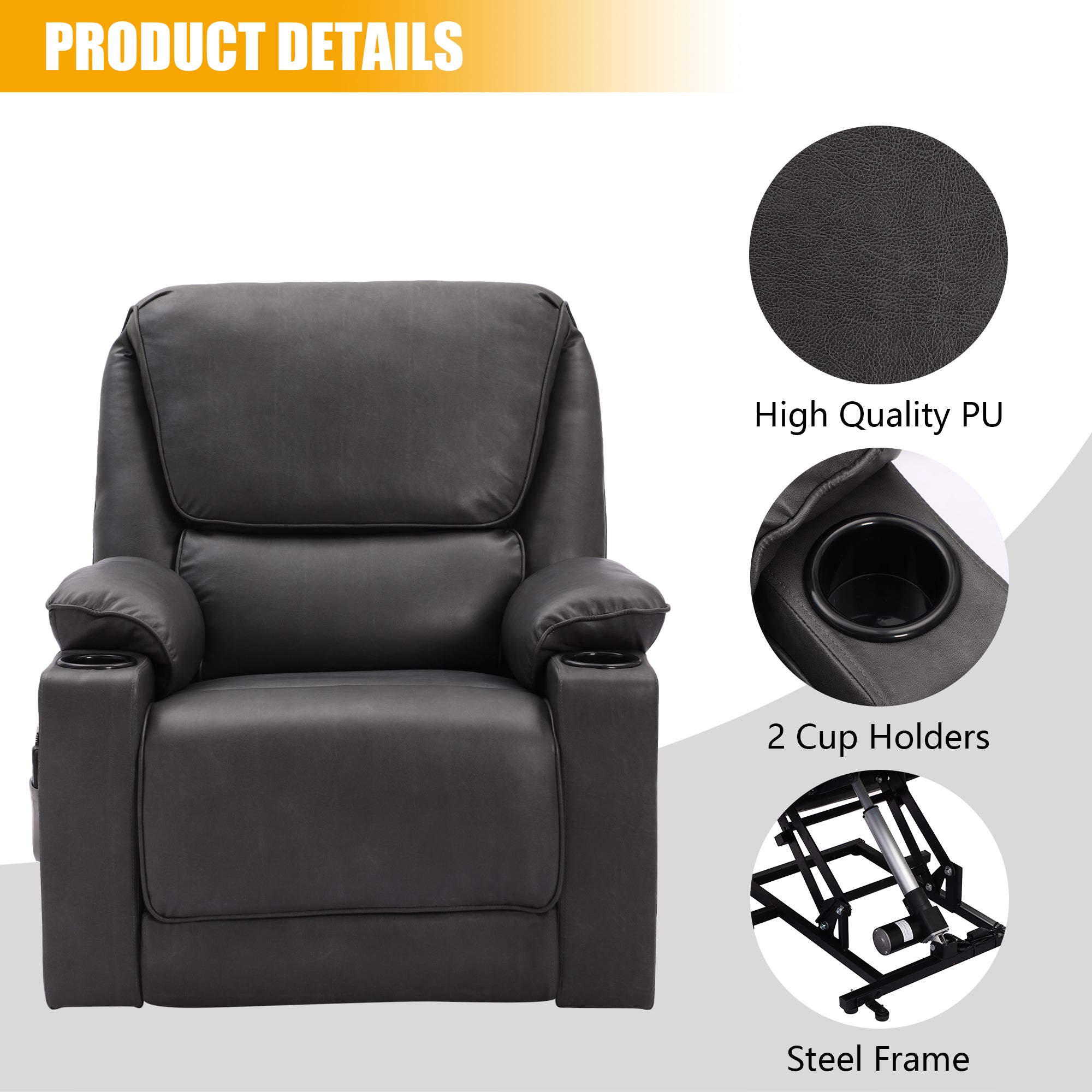 KIGOTY Power Lift Chair PU Electric Recliner for Elderly,Remote Control Recline & Lift & Massage,Light Gray