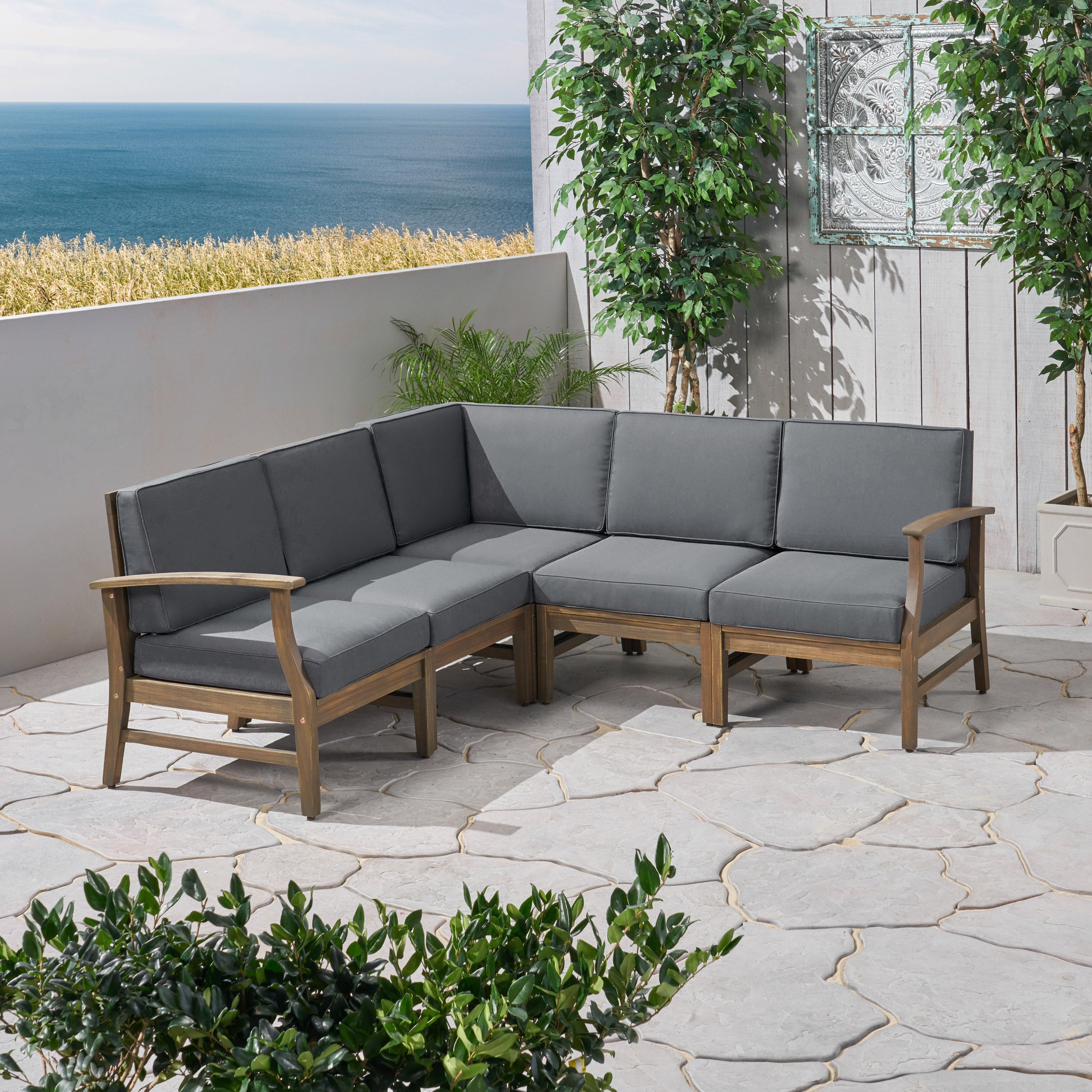 Capri Outdoor 5 Piece Acacia Wood Sectional Sofa Set