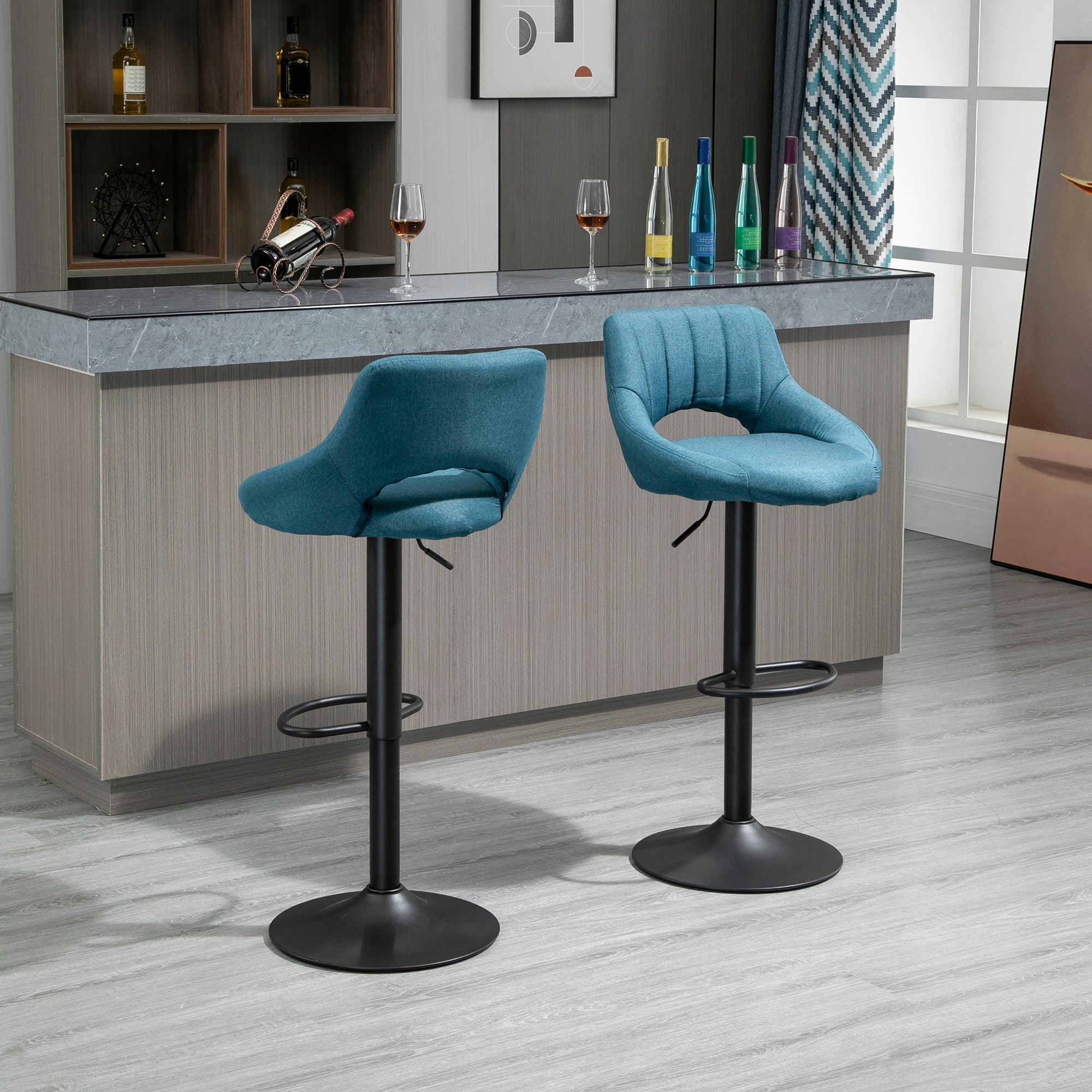 HomCom Bar Stool with Adjustable Height and 360-Degree Swivel， Blue， Set of 2