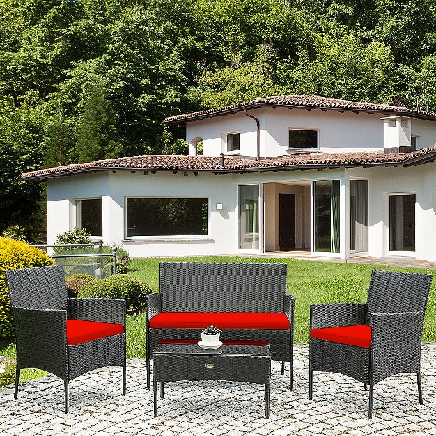 Tangkula Rattan Patio Conversation Set Cushioned Sofa With Coffee Table