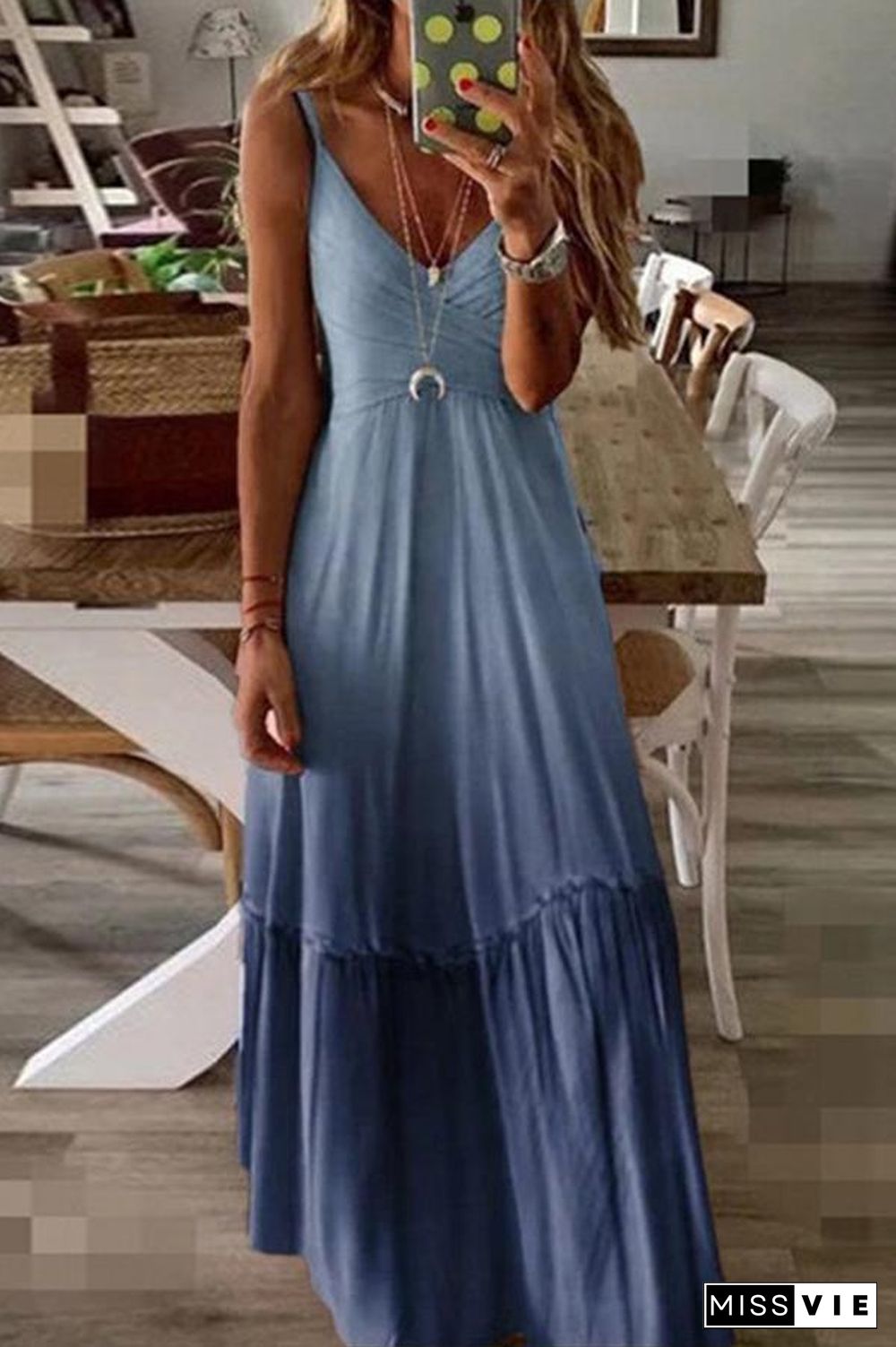 Gradient V-neck Pleated Long Maxi Dress (3 Colors) P12182