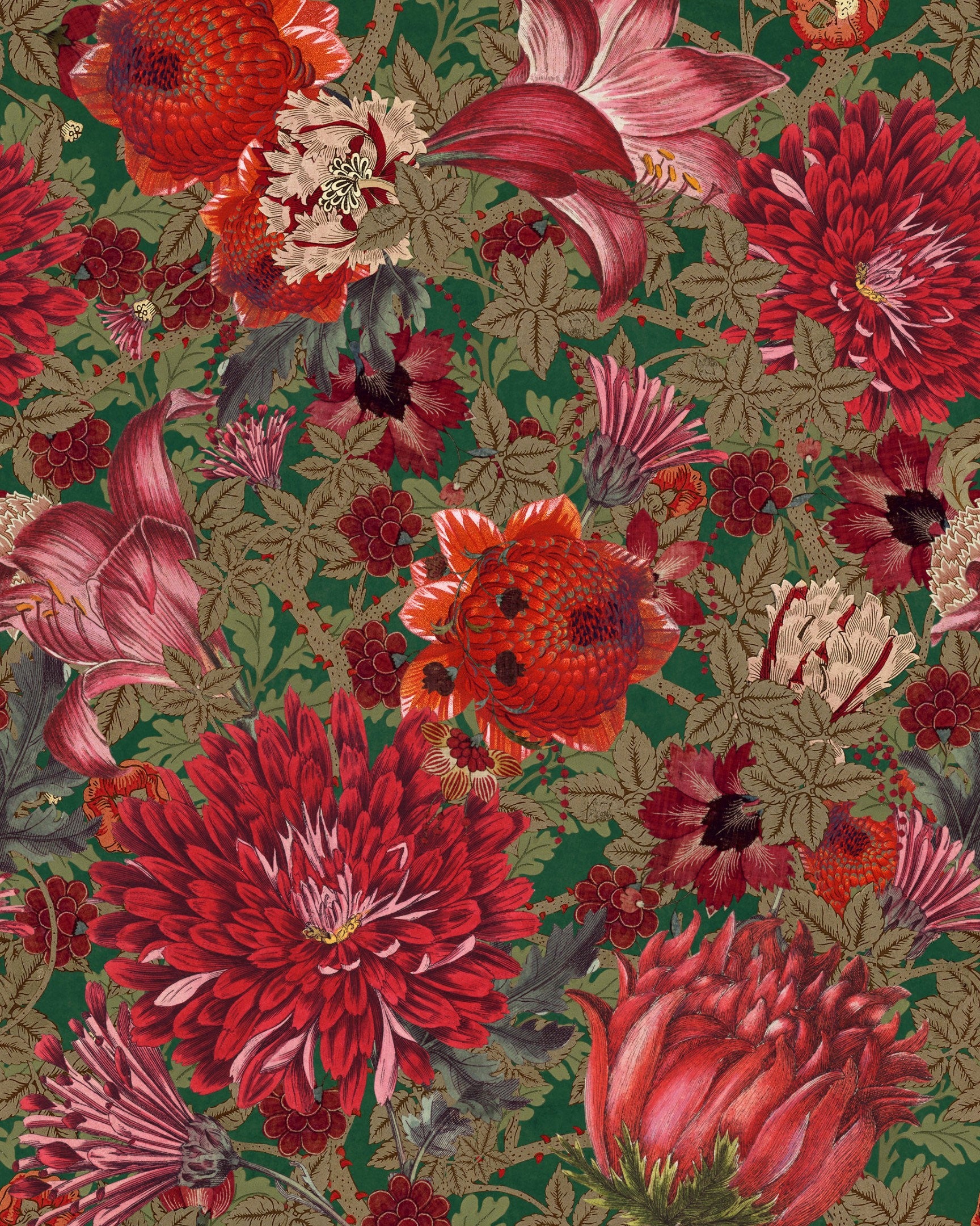 Sample The Flowering Wallpaper in Green and Red from the Transylvanian Roots Collection by Mind the Gap