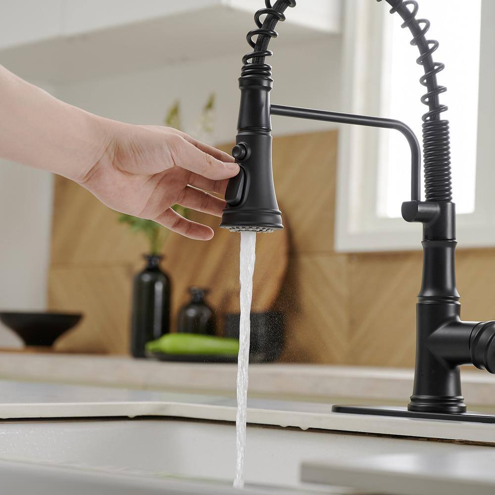 BWE Single-Handle Pull-Down Sprayer 3 Spray High Arc Kitchen Faucet With Deck Plate in Matte Black A-94559-B