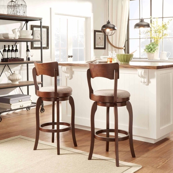 McAllister Brown Oak High Back Swivel Seat Bar Stool， Grey Linen