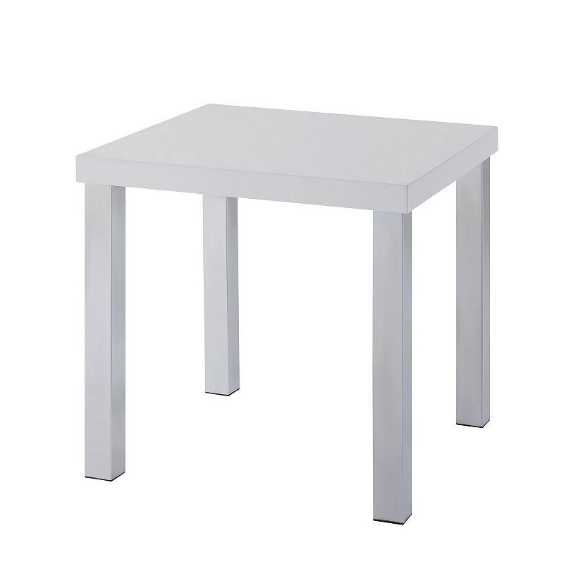 Square Wooden End Table with Straight Metal Legs， White and Chrome