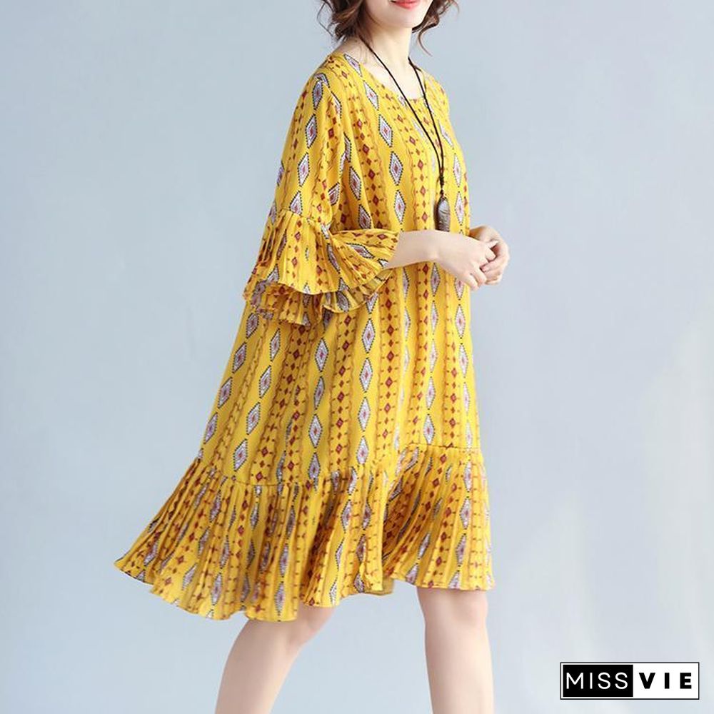 Elegant yellow prints chiffon shift dresses oversized chiffon clothing dresses women ruffles hem ruffles sleeve dress