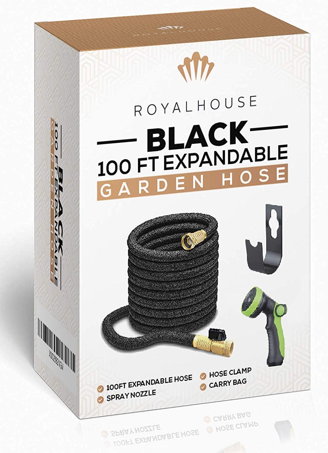 ROYAL HOUSE (100 FT) Black Expandable Garden Hose Water Hose with 8-Function High-Pressure Spray Nozzle， Heavy Duty Flexible Hose - 3/4