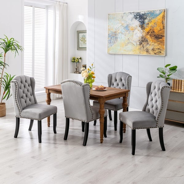 Dining Chairs Set of 2， Tufted Velvet Upholstered Dining Room Chairs with High Back and Wooden Legs， Grey - as picture