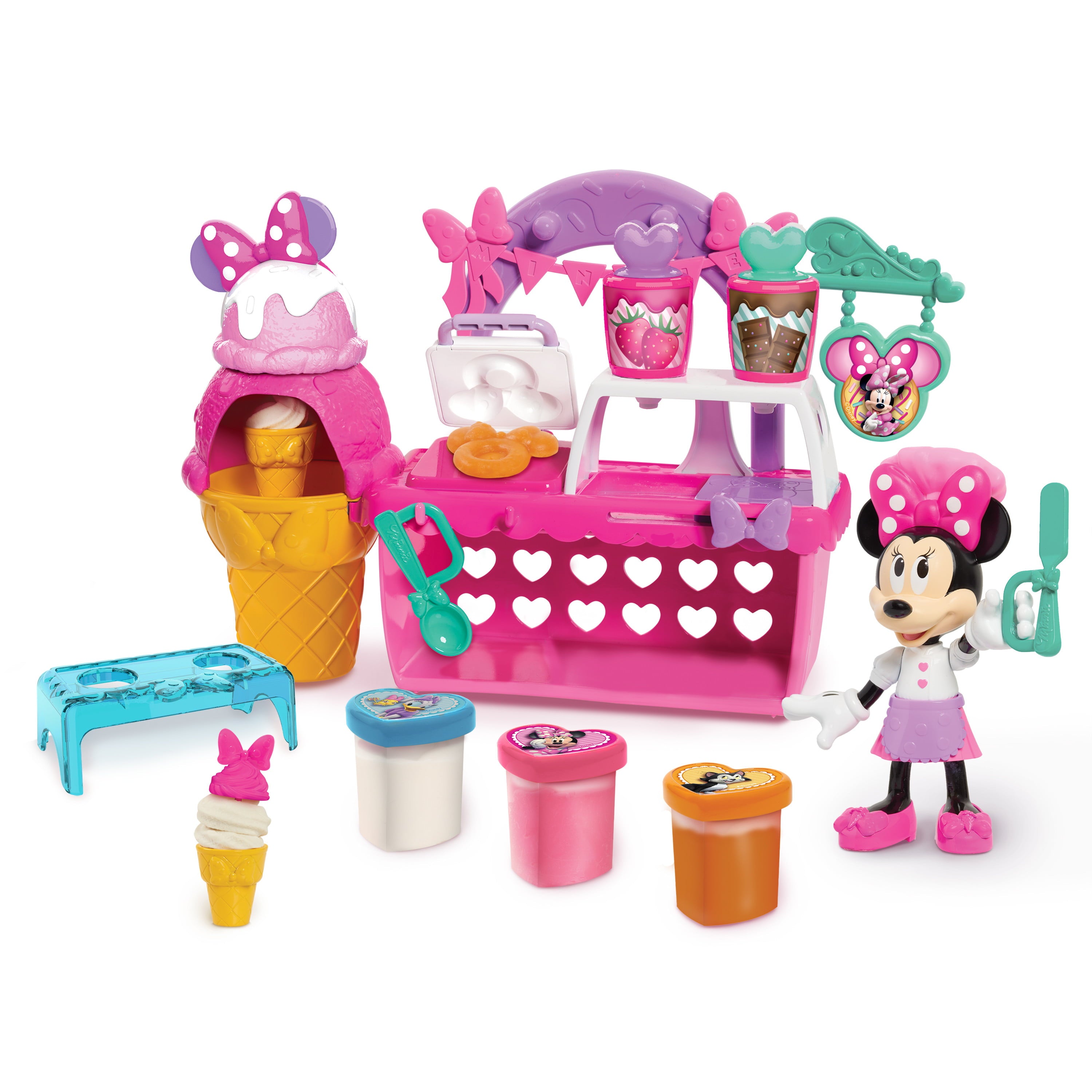 Disney Junior Minnie Mouse Sweets and Treats Shop, 16 Piece Pretend Play Food Set with 3 Modeling Compounds and 6 inch Minnie Mouse Figure, Kids Toys for Ages 3 up