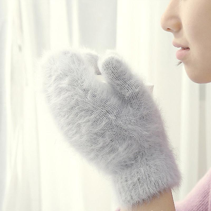 Winter Women Soft Wool Rabbit Hair Warm Knit Gloves