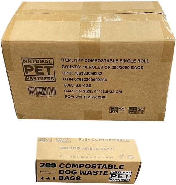 Natural Pet Partners Commercial Compostable Bulk Roll Dog Waste Bags， 10 Rolls， 2000 count