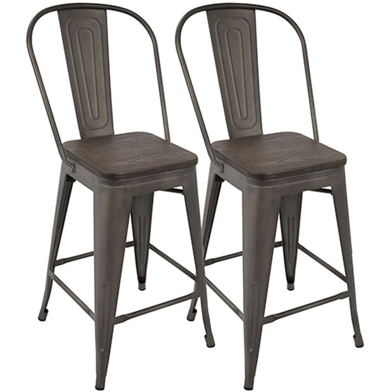 Set of 2 Oregon Industrial Antique and Espresso High Back Barstools 39.5