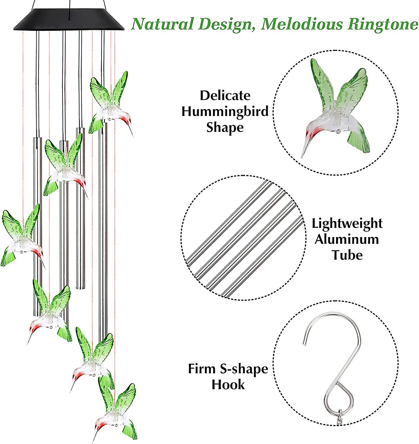 Solar Wind Chime Night Light， Outdoor Color Changing Led Hummingbird Wind Chimes Of Aluminum Tubes， For Wife Mom Grandma Valentine's Day Gift， For Gar