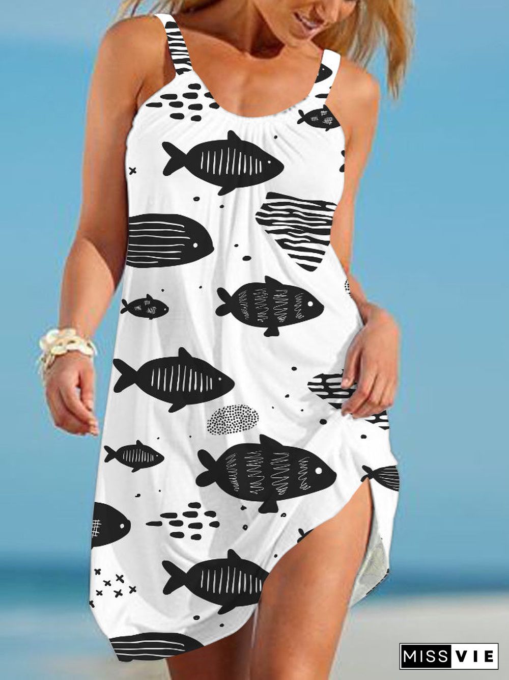 Women's Summer Sleeveless Scoop Neck Fashion Casual Print Dress