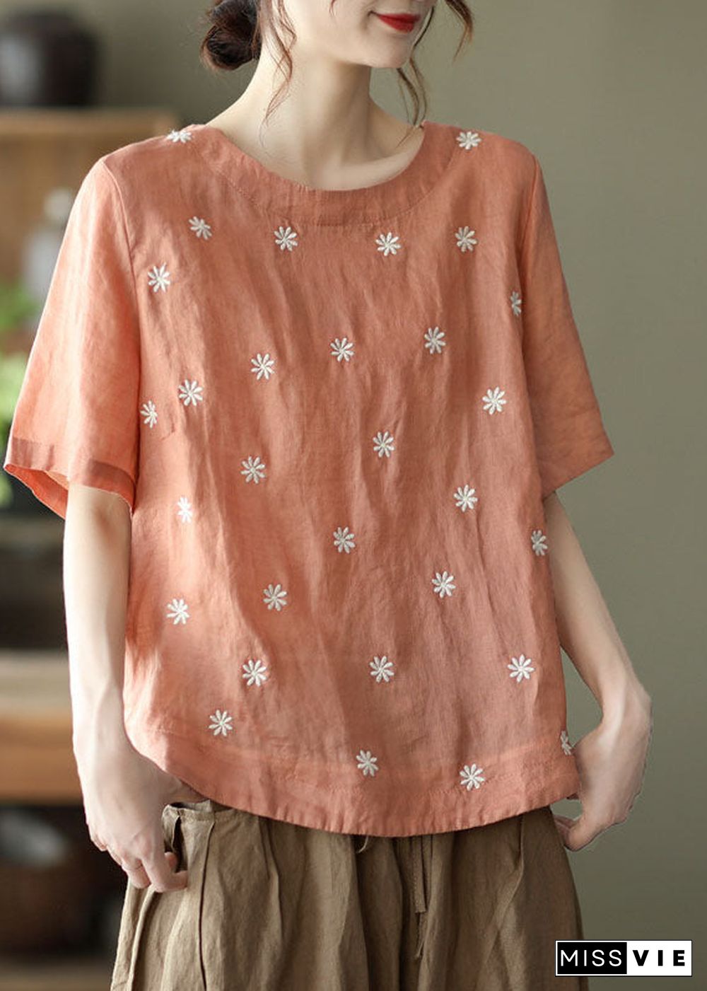 Orange Floral Embroideried Linen Blouses top Short Sleeve