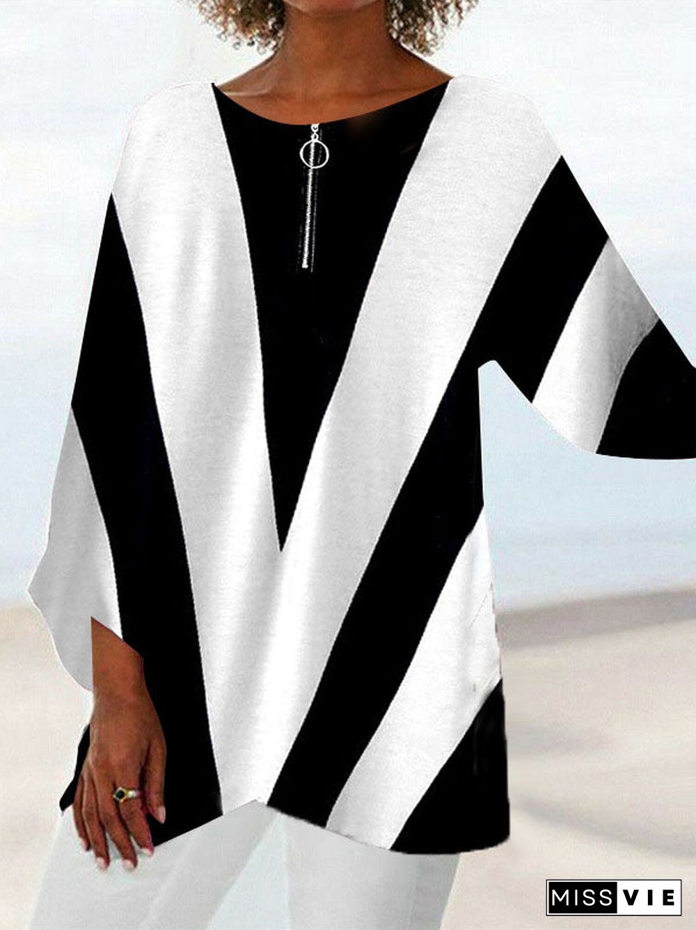 Women Asymmetrical Long Sleeve V-neck Striped Top Dress