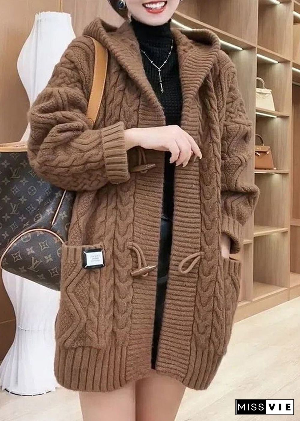 Elegant Chocolate Colour Button Cable Knit Sweaters Coats Fall