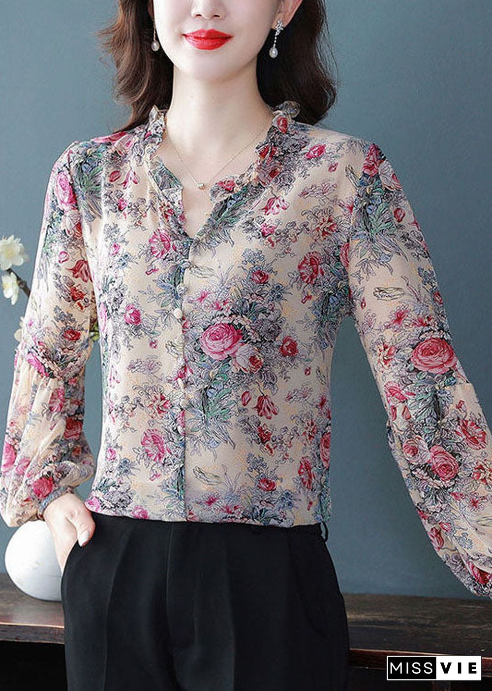 Bohemian Purple Ruffled Print Chiffon Shirts Spring