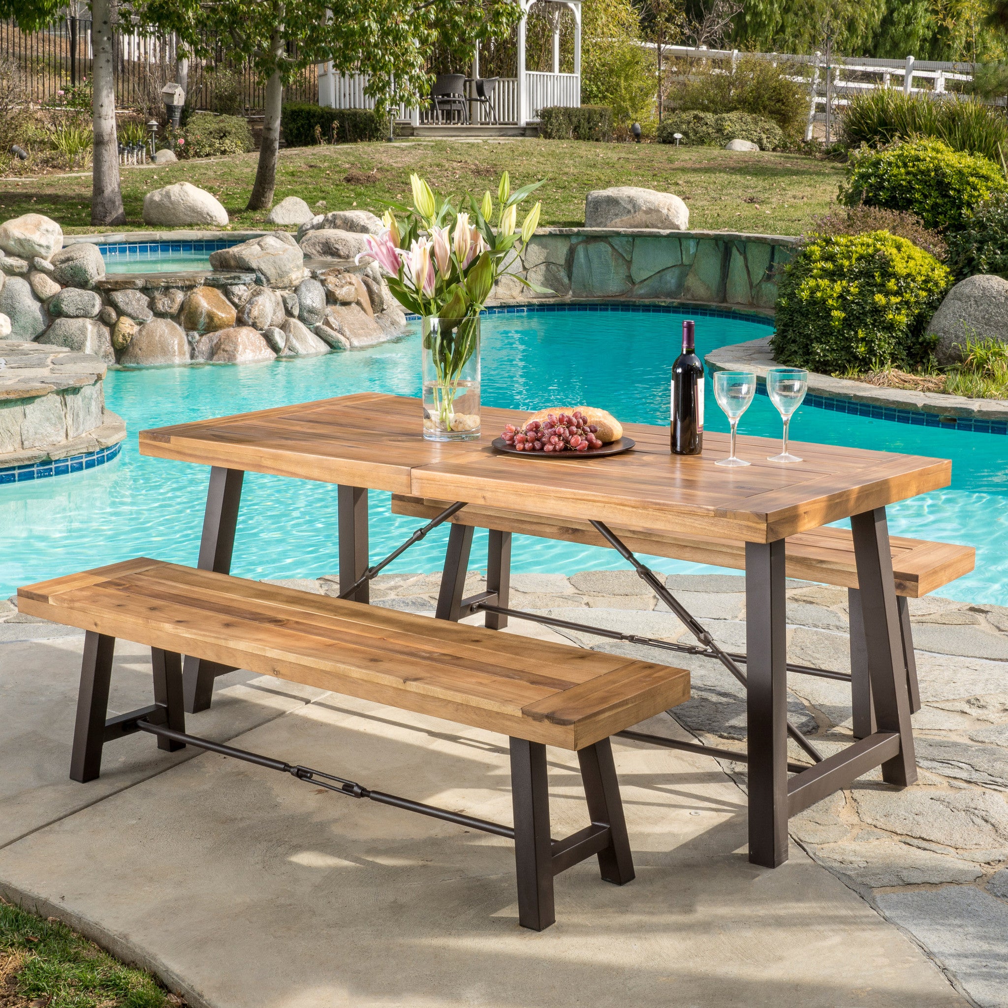 Rosario Rustic Industrial Outdoor Teak Finish Acacia Wood Picnic Dining Set