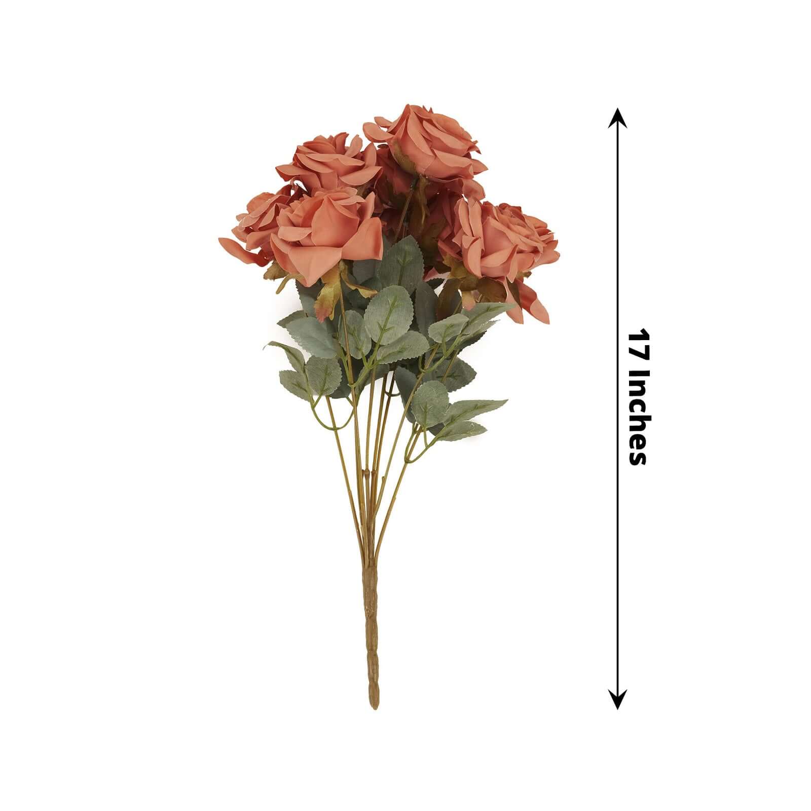 2 Bouquets Terracotta (Rust) Real Touch Artificial Silk Rose Flower Bushes 17