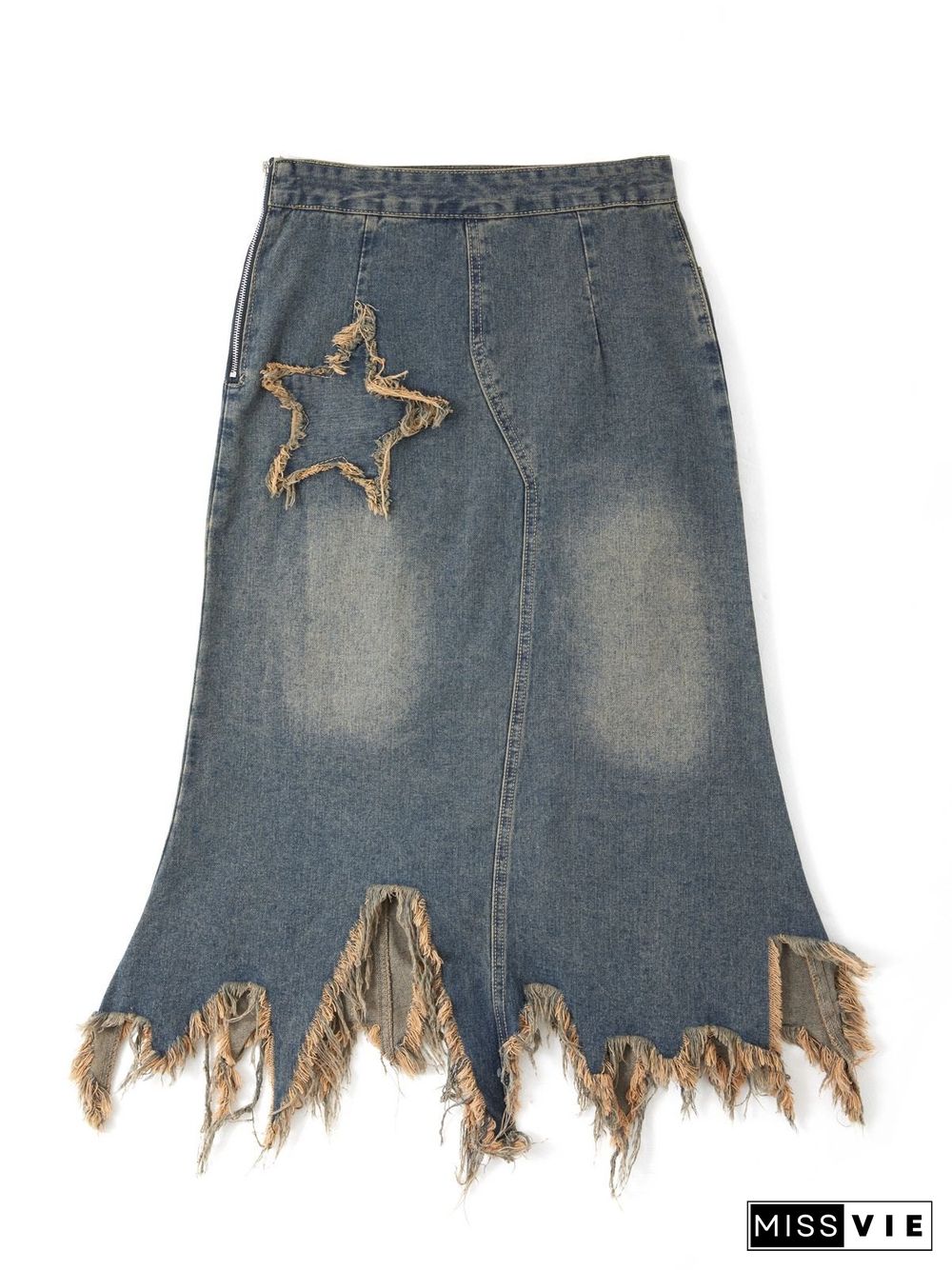 Star Patch Distressed Denim Maxi Skirt