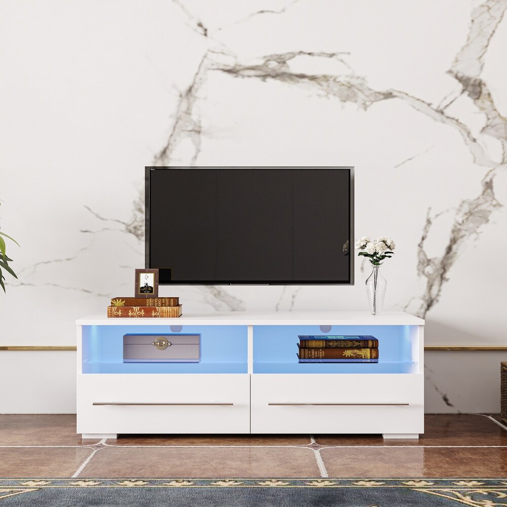 Modern TV Console with 16 Color LED Remote Control Lights Media Console Entertainment Center with 2 Drawers   2 Open Shelves