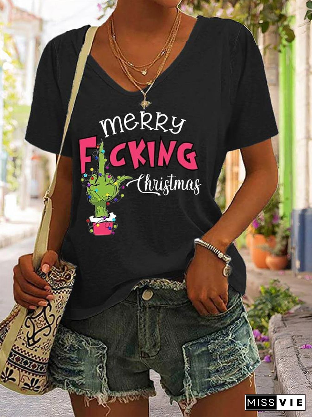 Women's Funny Merry F*cking Christmas Casual V-Neck Tee